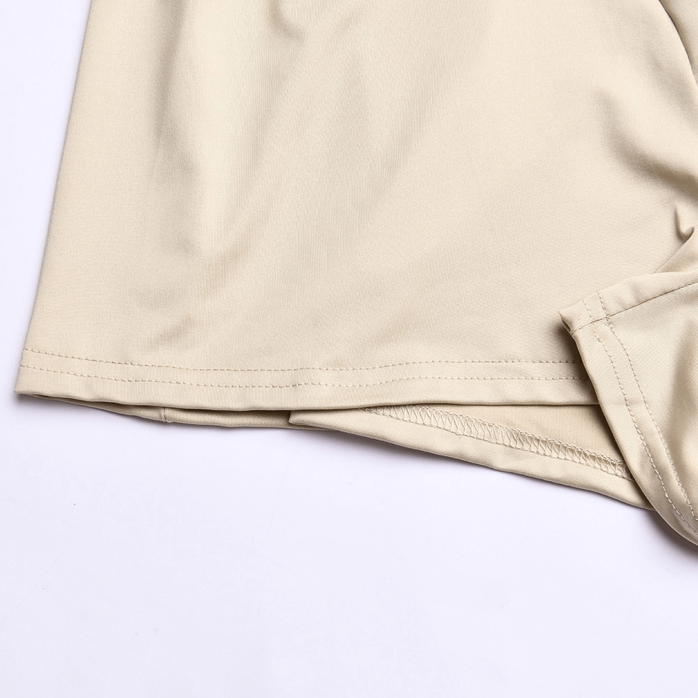 Close-up of beige Sexy O-Neck Short Sleeves Zipper Bodysuit fabric with hem detail, showcasing lightweight polyester material and stitching.